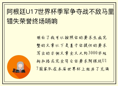 阿根廷U17世界杯季军争夺战不敌马里错失荣誉终场哨响